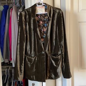 Olive green crushed velvet single button blazer